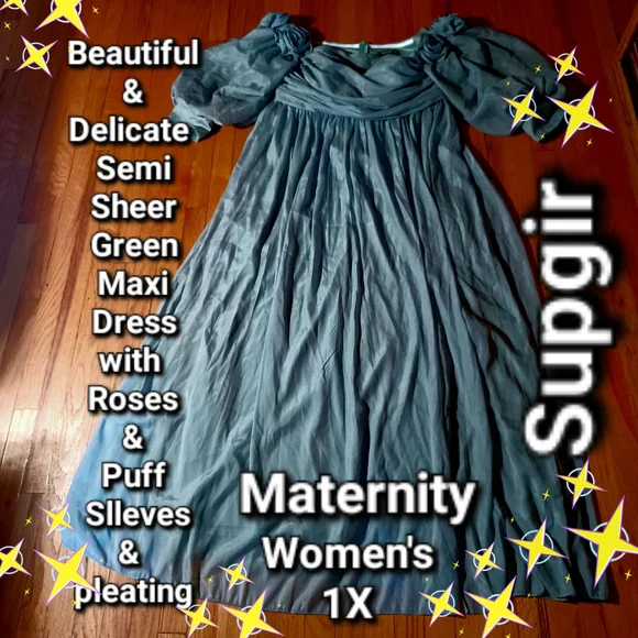 Green Maxi Pl Maternity Dress Puff Sleeves RosesGathering Check Measurements - Picture 1 of 15